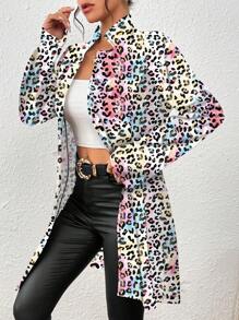 SHEIN Clasi Women's Casual Resort Knit Textured Leopard Print Slim Fitted Jacket - Multicolor - View 7