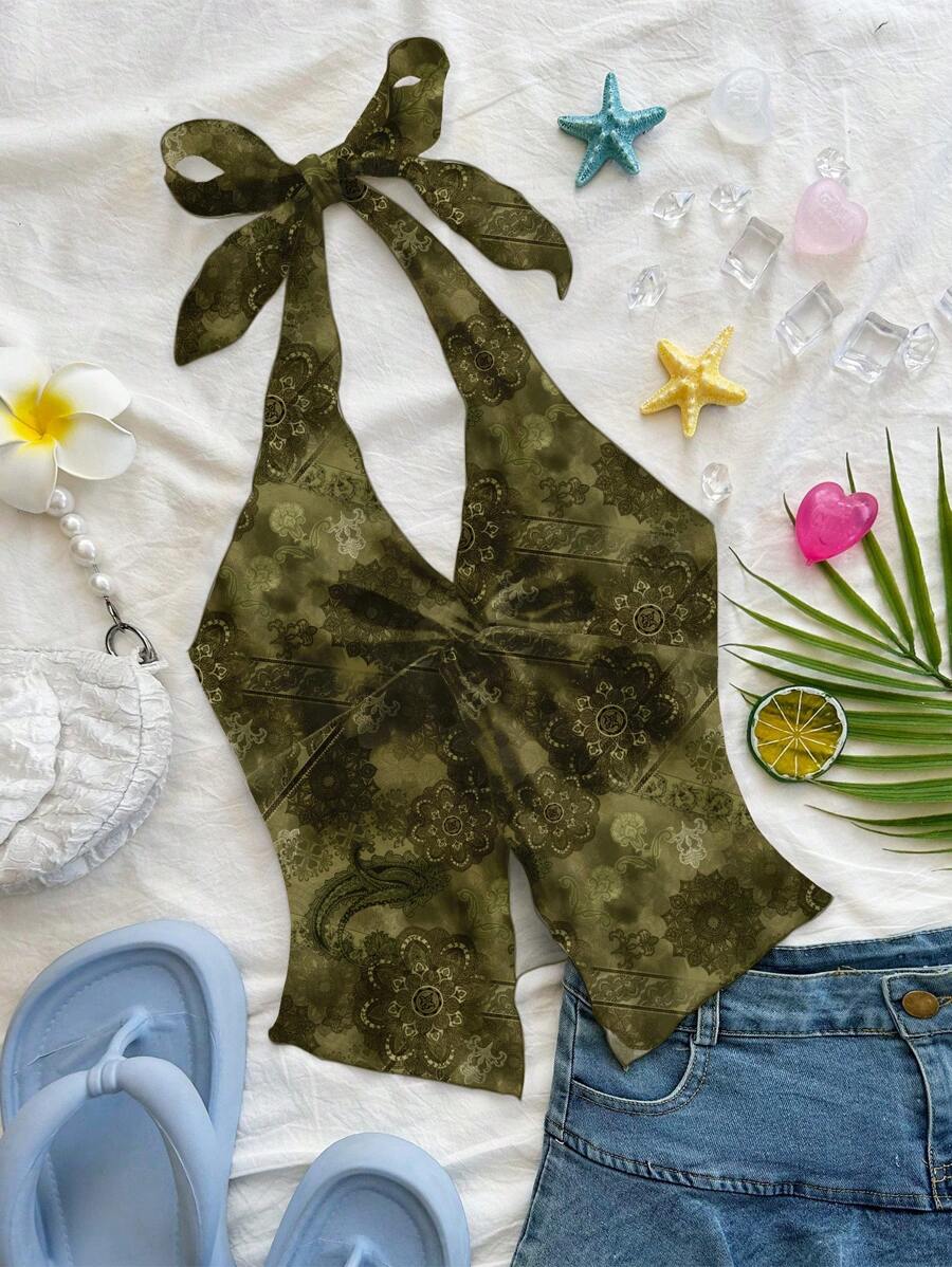 Soleia Modisches, sexy Neckholder-Camisole mit Knotensaum und Schlitz, offener Rückseite, geeignet für den Sommer, Vintage-Paisley-Print, Rave-Top - Verschiedenfarbig - Übersicht 1