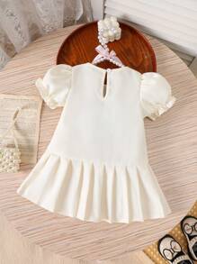 SHEIN Baby Girl White Dress With Bow Decor, Cute And Sweet, Pleated Hem For Fashionable Look, Elegant White Dress With Puff Sleeves, Suitable For Spring, Summer And Autumn, Great For Outing And Party - Apricot - View 2