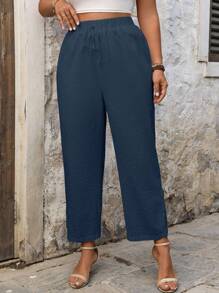 EMERY ROSE Plus Size Casual Linen Patchwork Embroidered Floral Trim Long Pants - Blue - View 5