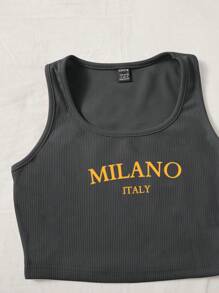 SHEIN EZwear Bộ đồ vest bó sát và quần short rút dây họa tiết chữ Milano 2 món dành cho nữ, phù hợp cho mùa hè - Màu xám đen - Xem 4