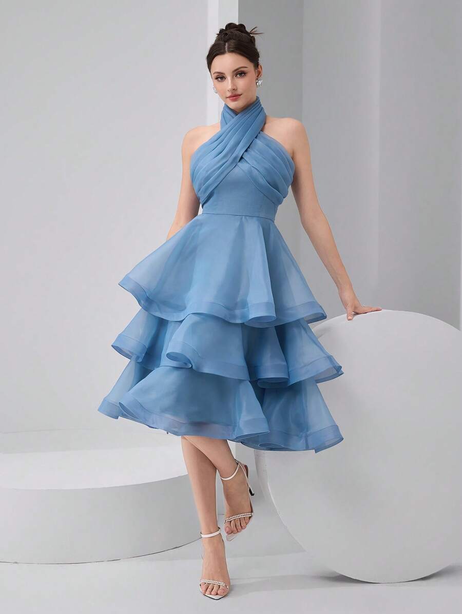 Modelyn 女士优雅灰蓝色欧根纱、褶皱、荷叶边领、三层荷叶边下摆连衣裙