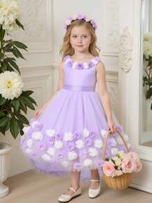 Elegant Fashion Girl's 3D Flower Decor Trailing Party Dress, Suitable For Birthday Party - Mauve Purple - View 1