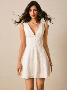 Poéselle 女士白色连衣裙、节日连衣裙、太阳裙、女士生日服装、复活节女士连衣裙、女士毕业礼服、女士优雅提花无袖迷你连衣裙女士短裙夏季女士生日连衣裙 - 白色 - 查看 7