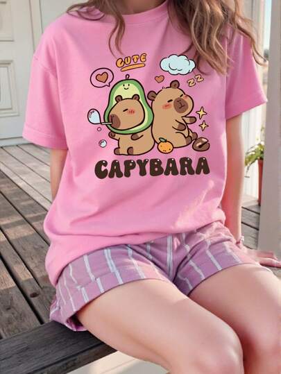 SHEIN GraphicGems Meninas Bonito Capivara Desenho Animado Estampa Manga Curta Gola Redonda Rosa T-Shirt, Verão