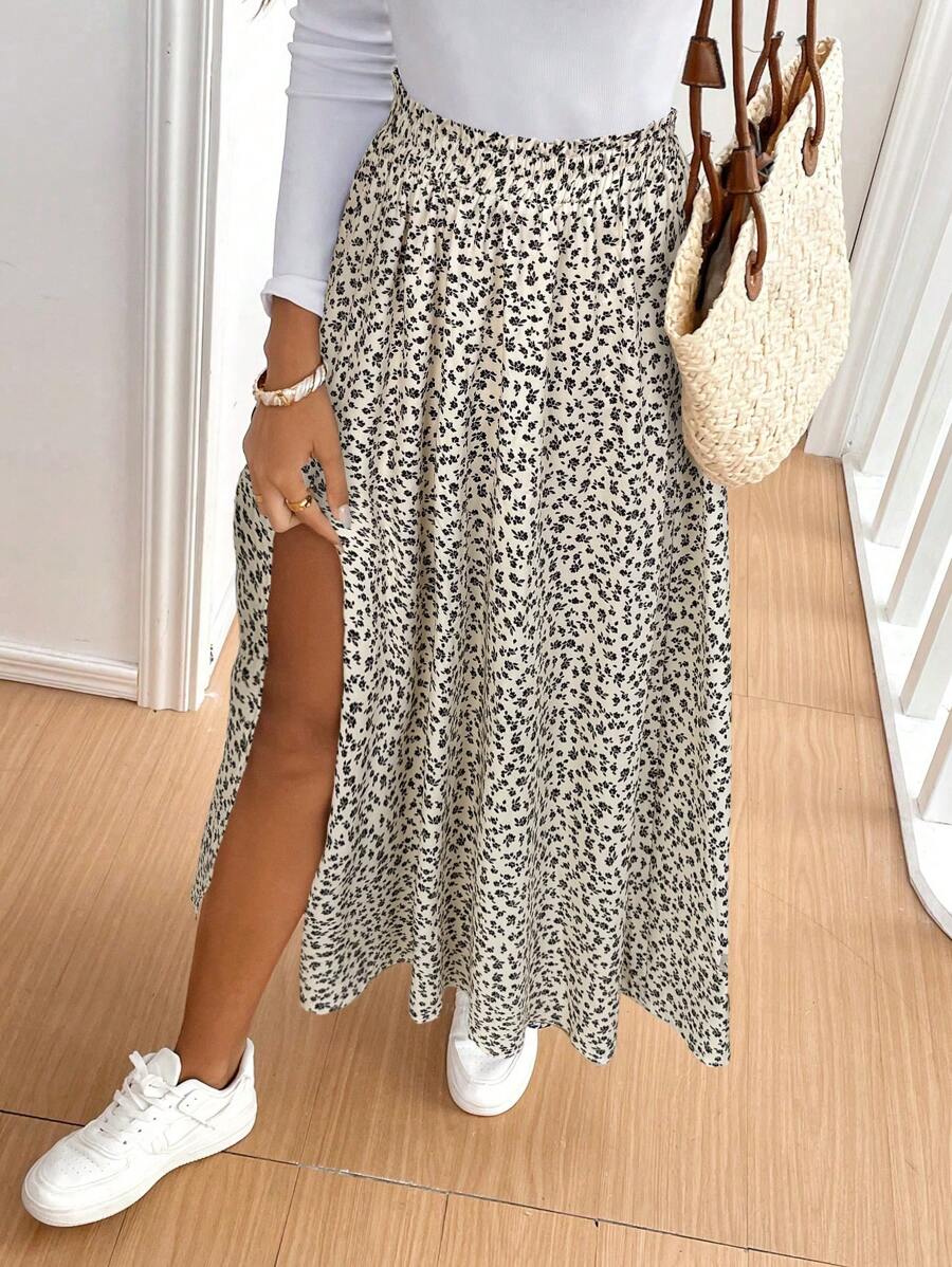 SHEIN Frenchy Women's Ditsy Floral Side Slit Hem Casual A-Line Skirt Summer - Multicolor - View 1