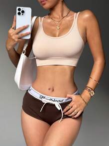 SHEIN Sport Studio Damen gerippter geknöpfter Sport-BH mit Kreuzrücken Design