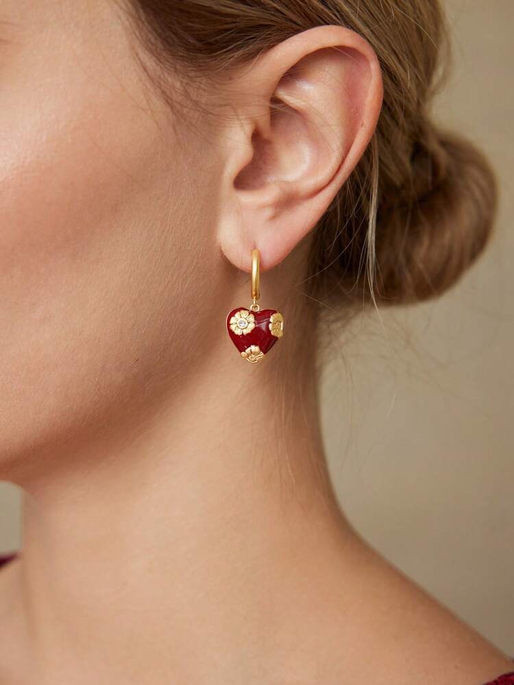 GOLD-PLATED FLOWER & HEART HOOP EARRINGS