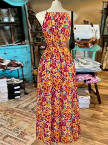 Sweetra Váy hở lưng hở vai cỡ lớn cho nữ, váy dài đi biển Bohemian thanh lịch họa tiết hoa nhỏ cổ điển - Nhiều màu - Xem 2