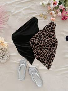 Soleia Set de 2 tops cortos con cuello asimétrico y bajo asimétrico con estampado de leopardo, adecuado para vacaciones/estilo de resort - Multicolor - Ver 7