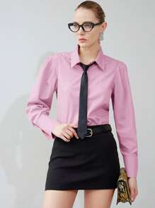 SHEIN Privé Solid Button Front Shirt Button Up Shirt Women  Fall Cloth For Women - Pink - View 3