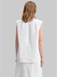 Ontre 100% 纯亚麻金属装饰纽扣都市休闲女式背心夹克，无袖亚麻米色西装背心，适合春季 - 白色 - 查看 6