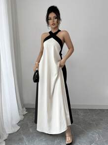 Rafferiza 女式波西米亚风格露背蝴蝶结撞色飘逸连衣裙，夏季 - 彩色 - 查看 3