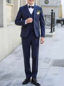 SHEIN 青少年男童绅士三件套：双排扣马甲+西装外套+西裤，生日派对、庆典、婚礼、洗礼、周年纪念等正式场合穿着