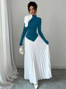 Elenzga Women Asymmetrical Pleated Contrast Color 3D Floral Print Dress - Teal Blue - View 5