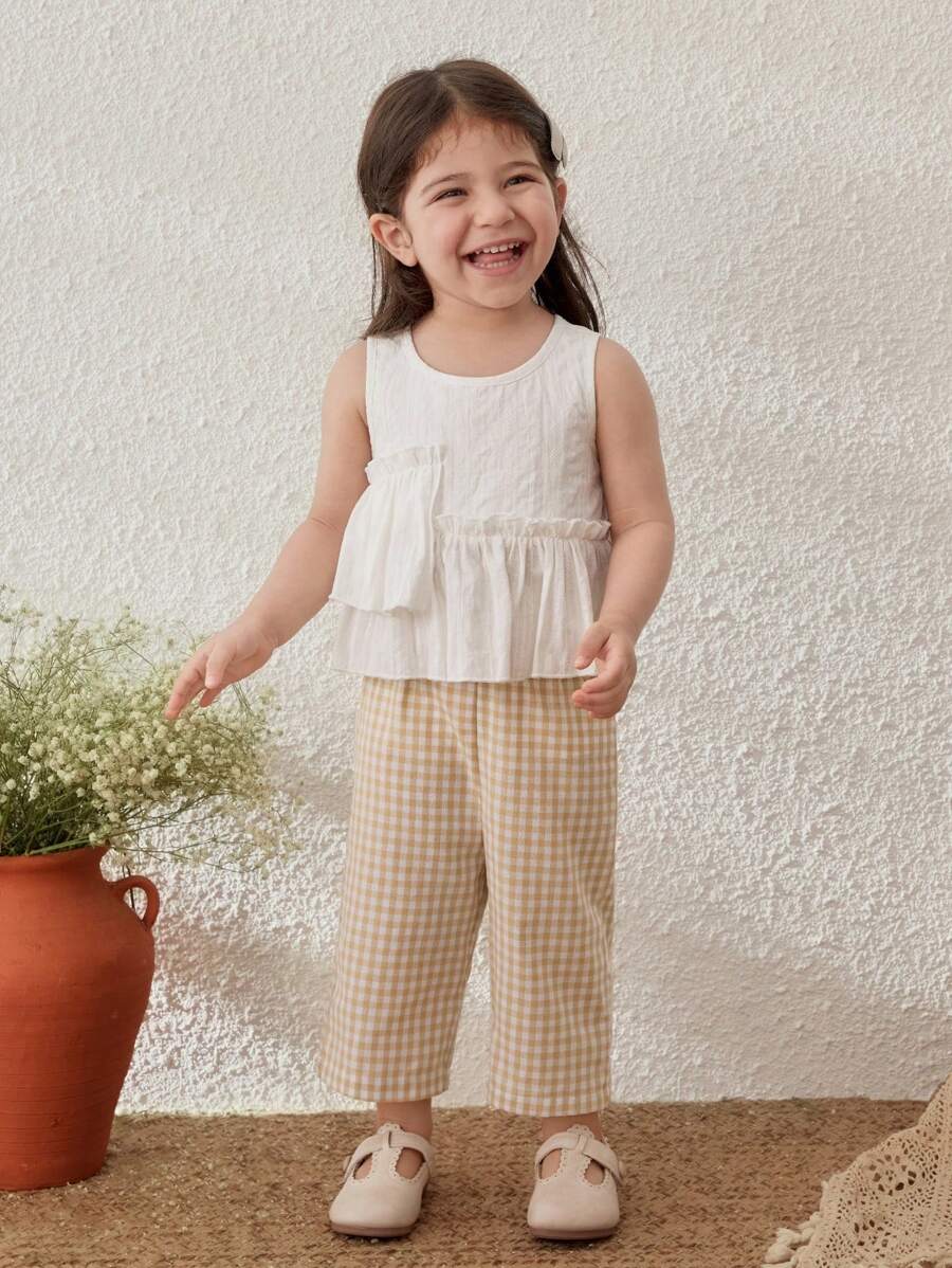 Blossori 女婴 2 件套春/夏编织杏色圆领荷叶边下摆上衣/卡其色裤子 - 白色 - 查看 1