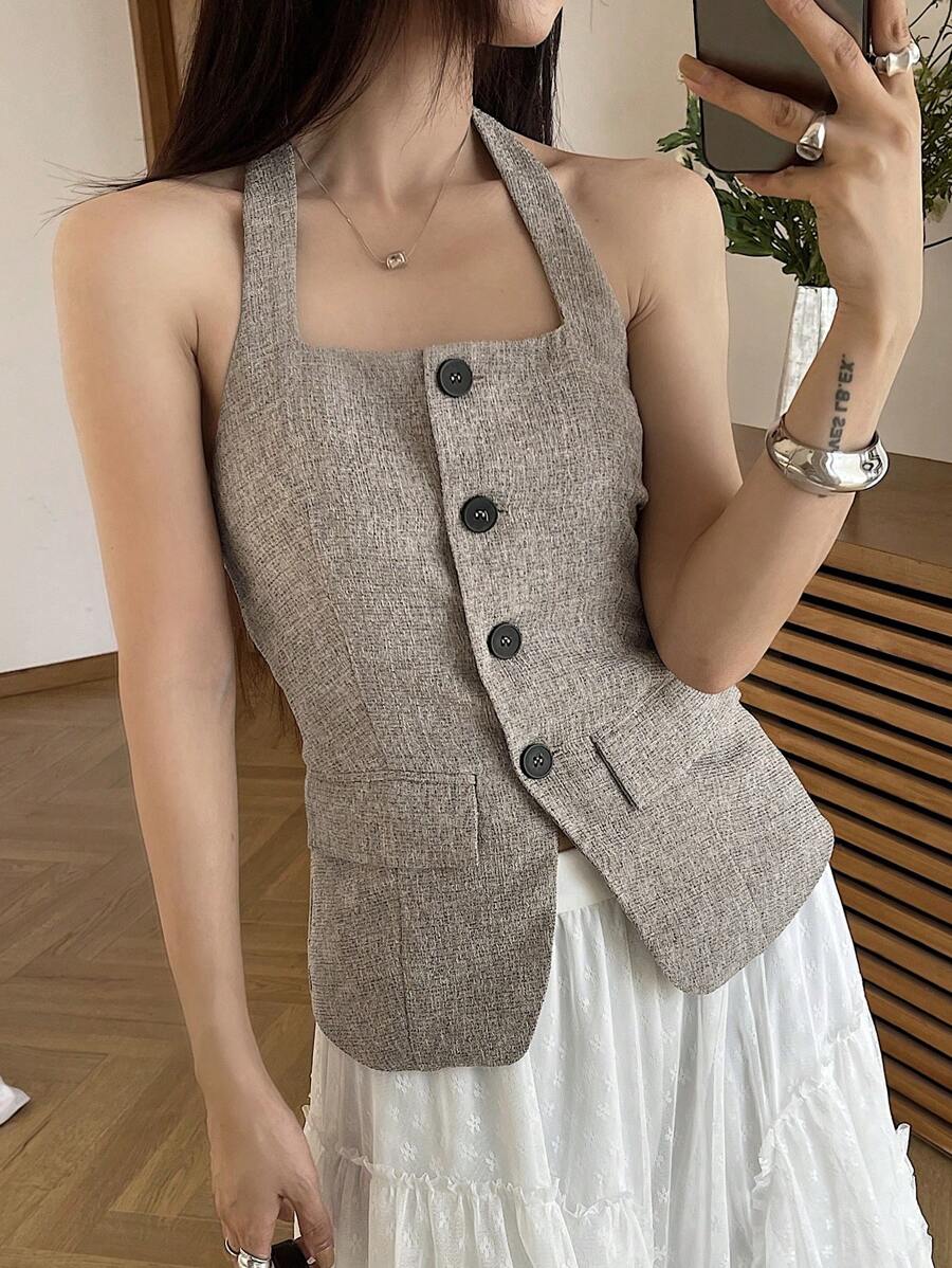 DAZY 女士夏季法式露背吊带无袖开衫外套，女士西装外套商务装