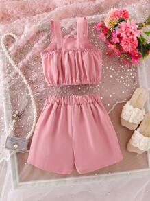 2 件套女童粉色四瓣花无袖短款吊带背心和短裤裙，活泼优雅的夏日度假装 - 粉色 - 查看 2