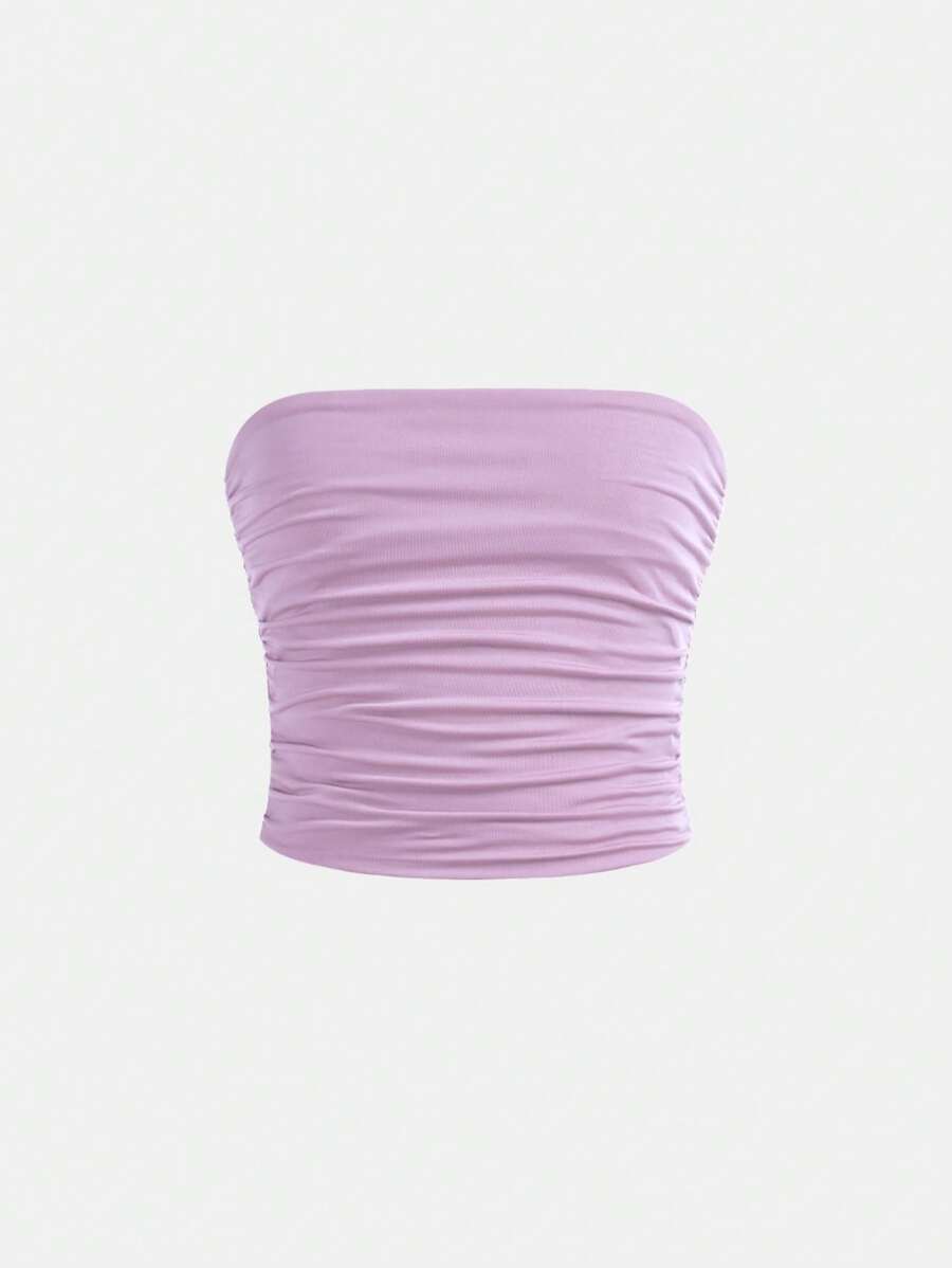 SHEIN Top tipo camiseta sencillo y cómodo con elástico fruncido para niña preadolescente - Púrpura malva - Ver 1