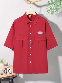 SHEIN Teen Boys' Casual Comfortable Fashionable Street Style Metal Button Double Pocket Woven Logo Decor Short Sleeve Shirt - Burgundy - View 1