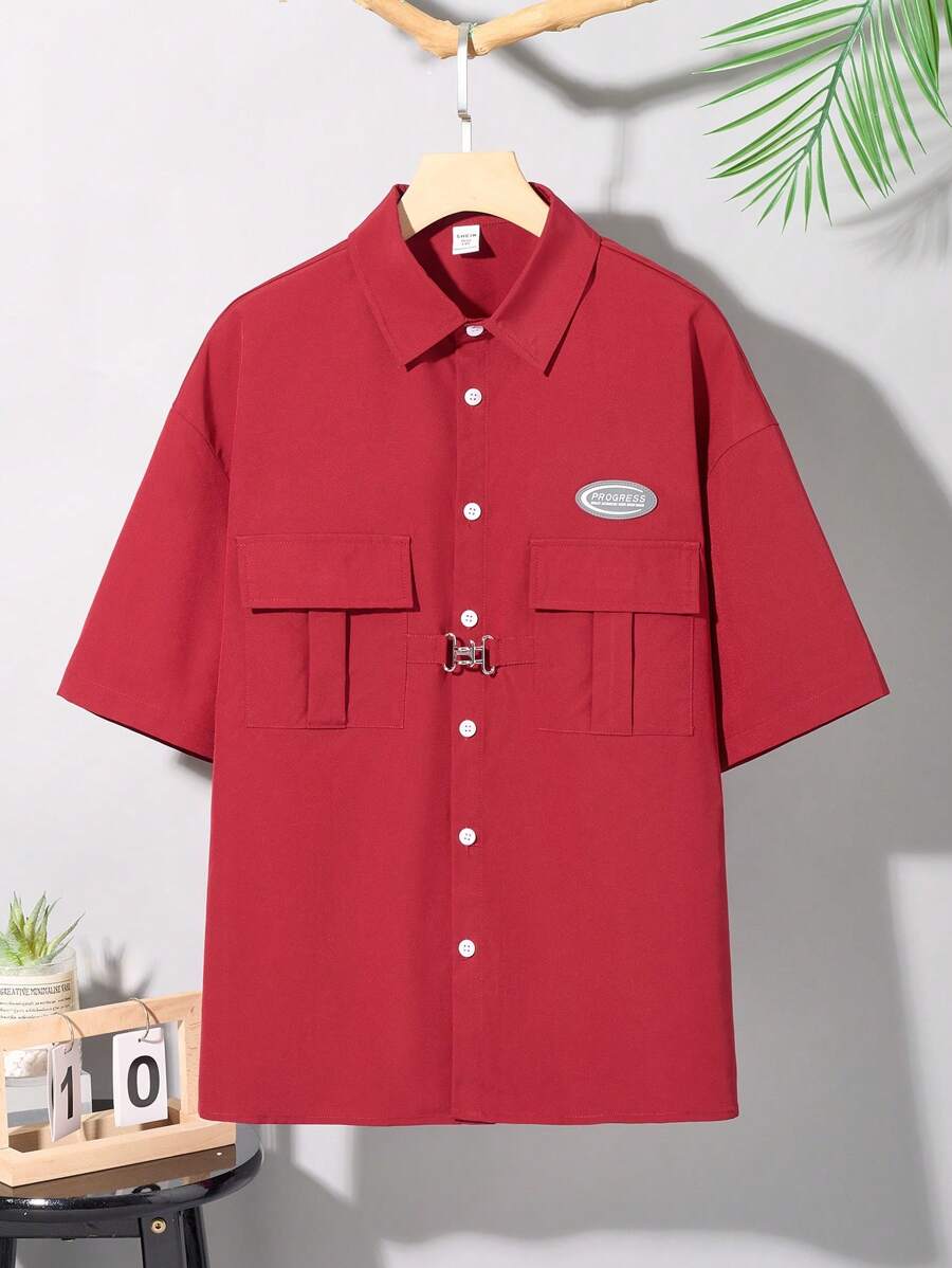 SHEIN Teen Boys' Casual Comfortable Fashionable Street Style Metal Button Double Pocket Woven Logo Decor Short Sleeve Shirt - Burgundy - View 1