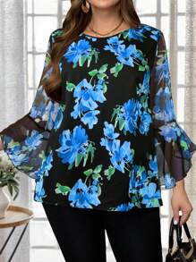 EMERY ROSE Áo cánh in hoa cỡ lớn cho nữ, thời trang cho mùa hè - Màu xanh lam - Xem 2