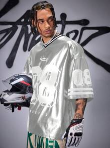 AXEPEAK Camiseta de manga corta con cuello en V de ajuste holgado de piel sintética para hombre, de moda para el verano, la escuela y el estilo urbano