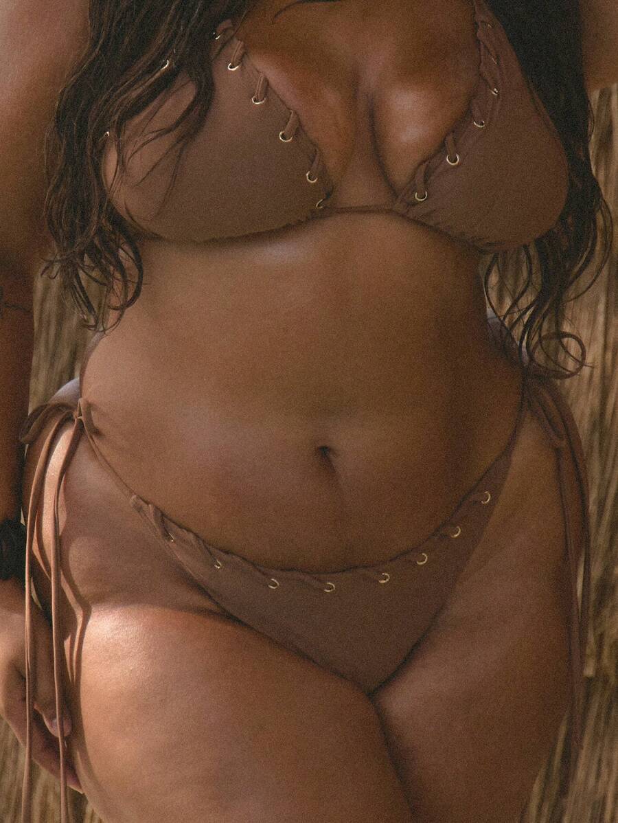 MUSERA Plus Eyelet Thread Detail Tie Side Bikini Bottom Only Boho Summer Vacation Swim Holiday Beach Sexy Cute Elegant - Brown - View 1