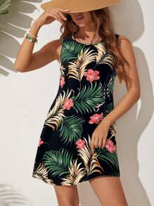 SHEIN VCAY Vestido sin mangas de cuello redondo con estampado tropical de vacaciones