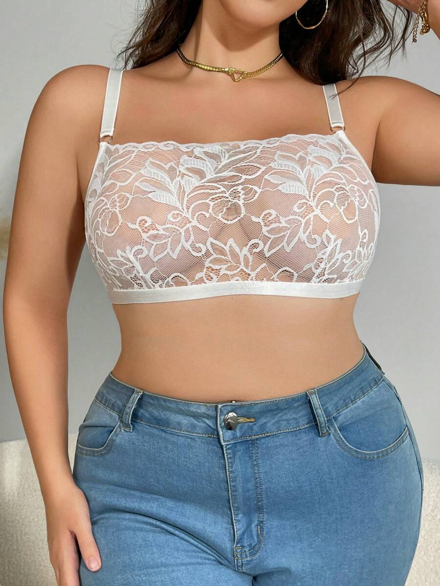 SHEIN 大码透明蕾丝无钢圈性感内衣文胸 - 白色 - 查看 1