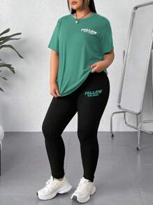 SHEIN EZwear 2 件大码短袖圆领 T 恤和裤子套装 - 墨綠色 - 查看 5