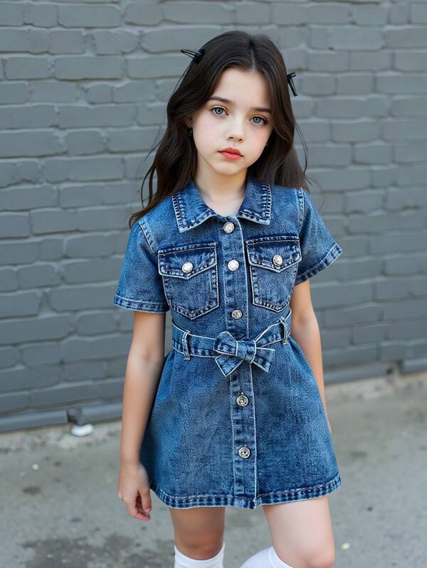 New Young Girl' Casual Minimalist Fashion Short Sleeve A-Line Denim Dress With Waist Belt, Comfortable Soft Washed Denim, Must Have Summer 2025 New Arrival, Suitable For Daily Wear, Vacation