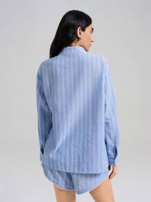 Ontre 女士条纹印花前扣休闲长袖衬衫 - 藍白色 - 查看 2