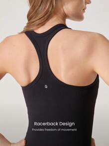 GLOWMODE Seamless Resilient U-Neck Racerback Hip Length Ribbed Active Tank Top Daily Casual Wear Removable Cups - Black - View 5