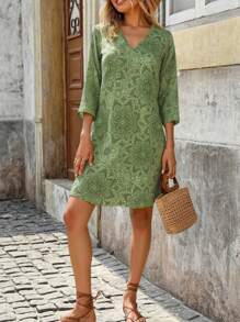 EMERY ROSE Plus Size Vintage Allover Print Casual Holiday Dress For Women - Olive Green - View 5