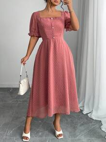 Elenzga Plus Size Women Summer Chiffon Jacquard A-Line Dress - Coral Pink - View 4