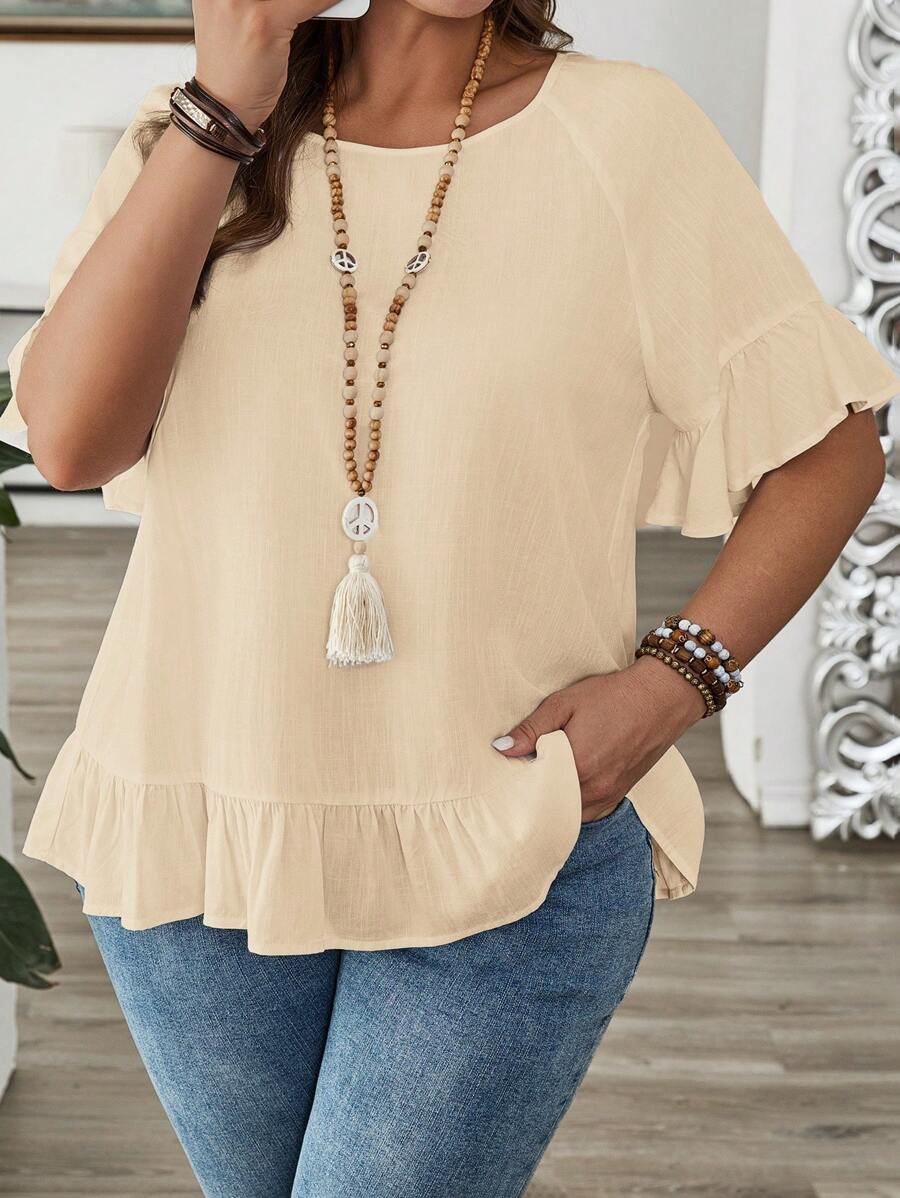 EMERY ROSE Plus Size Women Solid Color Raglan Sleeve With Ruffle Hem Casual Blouse - Apricot - View 1