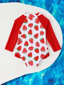 SHEIN Toddler Girls' Strawberry Print Long Sleeve Zipper One-Piece Swimsuit With Cute Ruffle Raglan Sleeves For Sun Protection - Multicolor - View 2