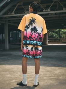 Manfinity NXTstreet 2pcs Set Digital Printing Polo Collar Short Sleeve Top And Drawstring Shorts Men's Shirt Suit,Perfect For Summer Vacations With An INS-Style Vibe. - Pink - View 2