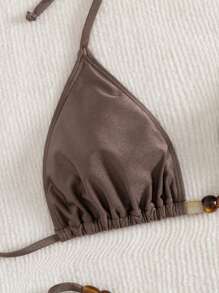 Swim Chiccia Đồ bơi 2 mảnh Springbreak Solid Color Asymmetric Bead Decor Neck Tie Sexy Bikini, Kỳ nghỉ & Bãi biển - màu nâu - Xem 5