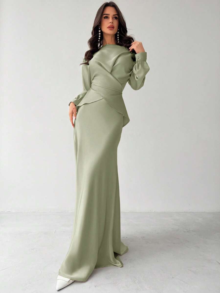 Firerie Women's Elegant Apricot Satin Asymmetric Hem Satin Skirt - Mint Green - View 1