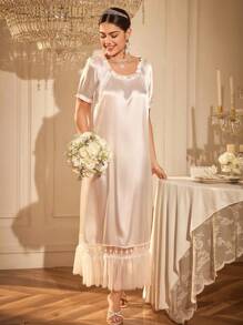SHEIN Solid Color Round Neck Satin Lace Patchwork Ruffle Hem Elegant Long Nightgown, Suitable For Wedding Season - White - View 6