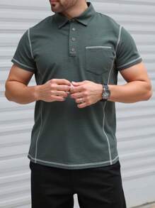 Manfinity Dauomo 男士休闲撞色缝线纽扣短袖 Polo 衫，夏季 - 軍綠色 - 查看 7