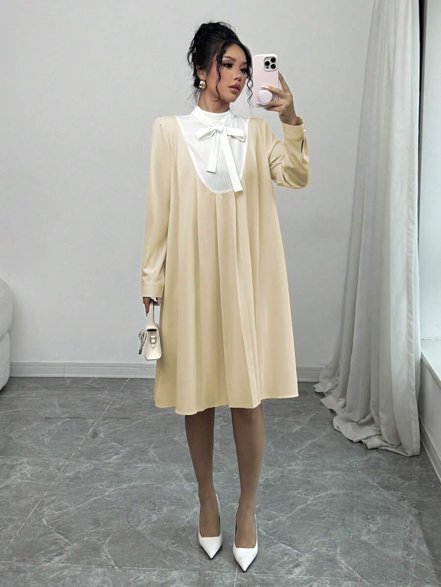 Selianne Women's Solid Color Lace-Up Long Sleeve Elegant Midi Dress Fall Cloth For Women - Apricot - View 1