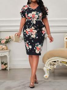 SHEIN Lady 春夏优雅通勤办公彩色针织V领羊腿袖荷叶边下摆中长短袖加大码套装