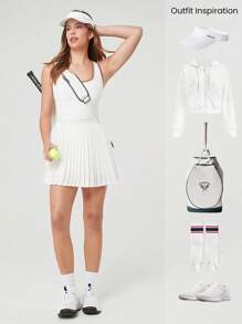 GLOWMODE Quick-Dry Tennis Built-In Cups Pleated Peekaboo Elasticized Waist Dress With Built-In Shorts Side Pockets Low Impact Running Training Workout Gym - White - View 9