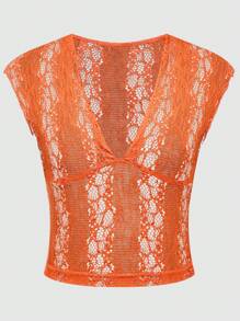 SHEIN Unity Burnt Orange,Summer,Elegant,Seksi Chic,Vacation Women's Stretchy Lace Deep V-Neck Cap Sleeve Short T-Shirt,Fitted Solid Color Y2K Boho Festival Top - Brown - View 3