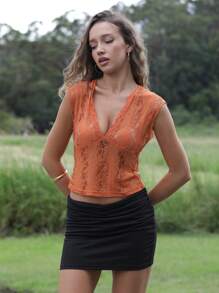 SHEIN Unity Burnt Orange,Summer,Elegant,Seksi Chic,Vacation Women's Stretchy Lace Deep V-Neck Cap Sleeve Short T-Shirt,Fitted Solid Color Y2K Boho Festival Top - Brown - View 4