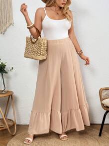 SHEIN Clasi Plus Size Women Wide Leg High Waist Ruffle Trim Summer Beach Pants - Apricot - View 1