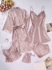 SilkySpell Women Jacquard Multi-Pieces Pajama Set, Fall Winter Clothes - Dusty Purple - View 1